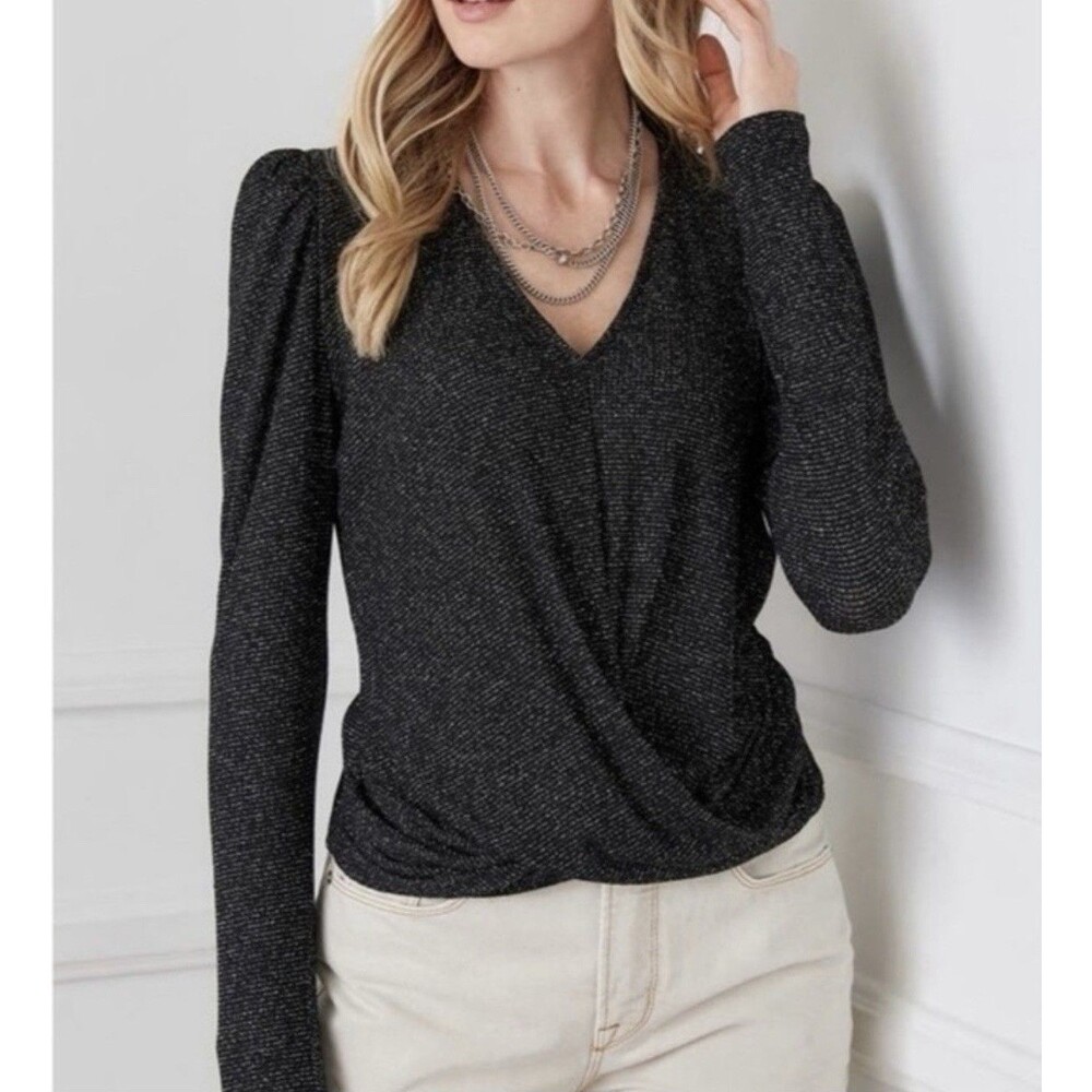 Black Metallic Shimmer Puff Sleeve Draped Front Top Women’s Small Party